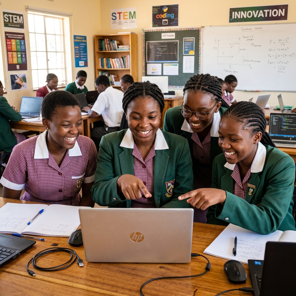 Zimbabwean girls coding in a modern classroom